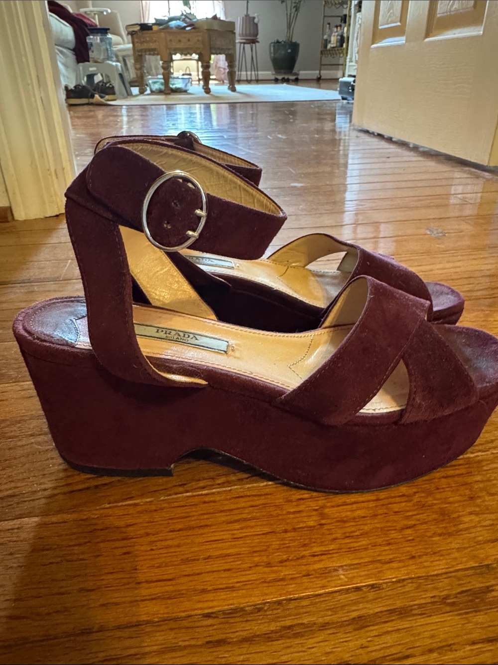 Prada Burgundy Suede Wedge Sandals with Ankle Buckle